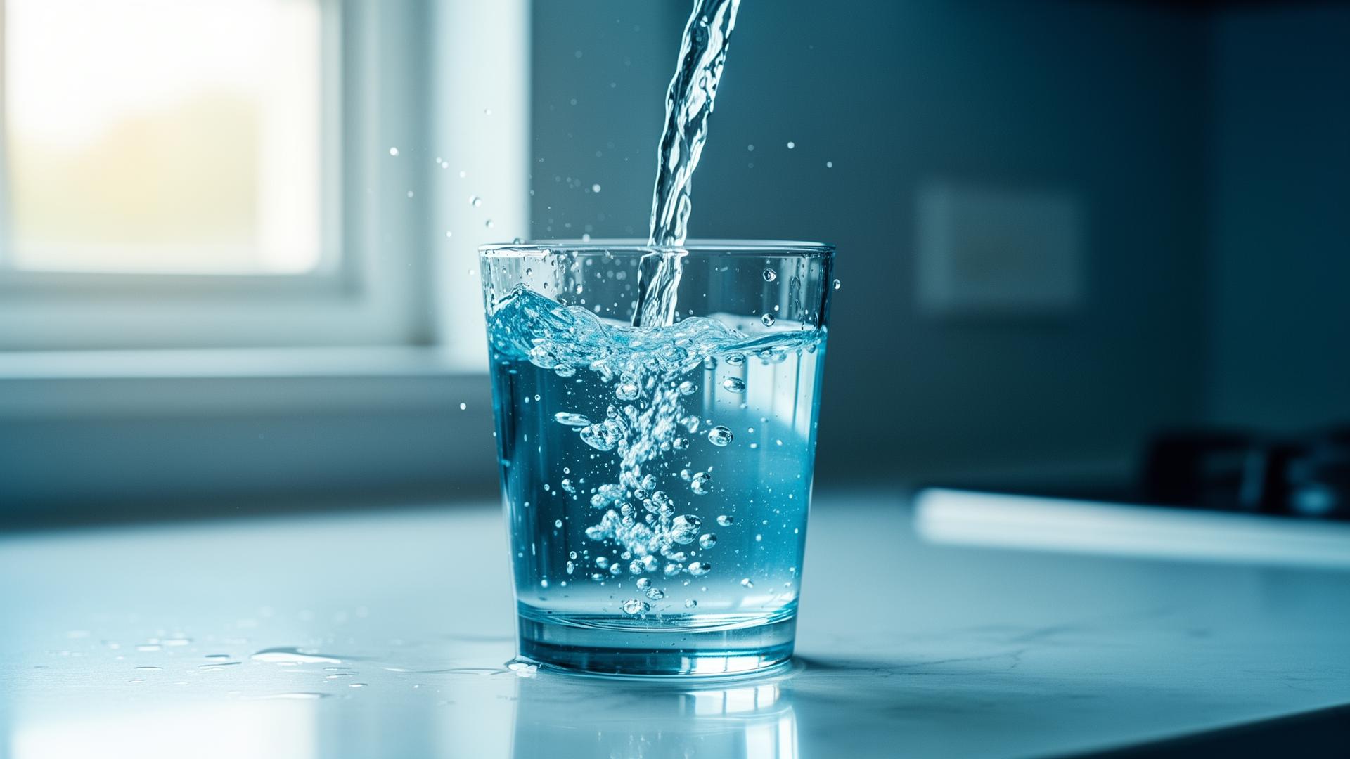 Crystal clear water poured into a glass on a kitchen counter